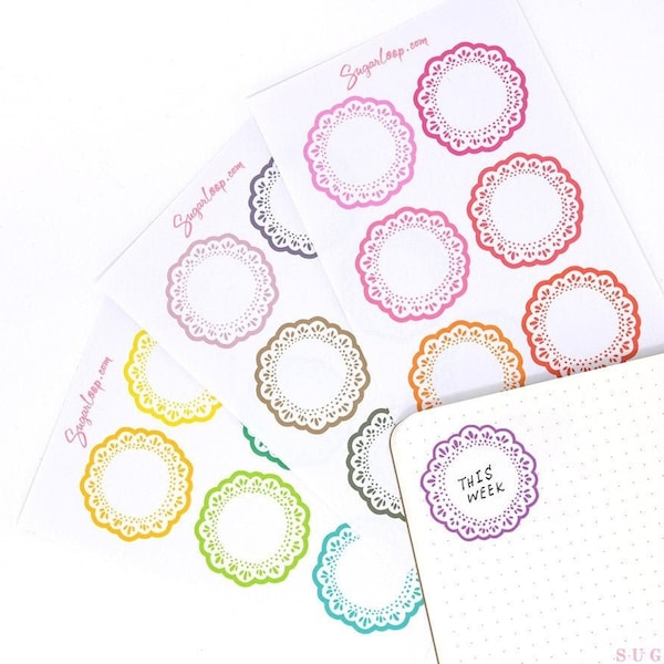 Round Bujo Planner Stickers: Doily Style | Scalloped Edge Days Dates Months Tasks DIY Calendar Reminders Header Title Chores To Do  DLY5