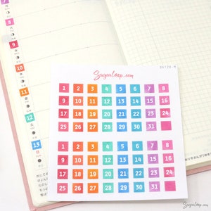 Multicolor Square Date Bujo Planner Stickers: 0.25" (6 mm) | Countdown Day Cover 1-31 DIY Calendar Numbers Undated  Hobo TN DAT28