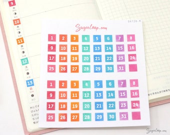 Multicolor Square Date Bujo Planner Stickers: 0.25" (6 mm) | Countdown Day Cover 1-31 DIY Calendar Numbers Undated  Hobo TN DAT28
