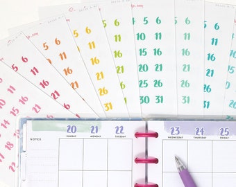 Veelkleurige handlettered datum Bujo planner stickers | Dagomslag 1-31 DIY Countdown-kalendernummers Ongedateerd Hobo TN DAT20