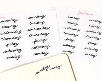 Days of The Week Black Cursive Script Bujo Planner Stickers: 1.25" (31 mm) 1.75" (45 mm) Wide | Undated DIY Weekly  DAY10