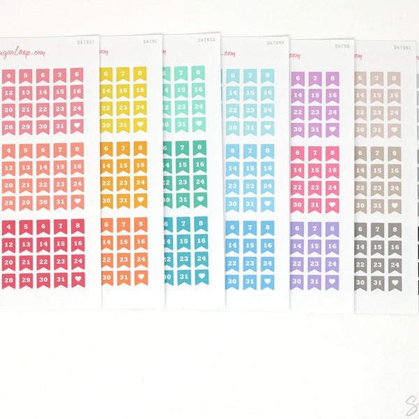 Multicolor Mini Datum Flagge Bujo Planer Aufkleber: 0,25"" (6 mm) | Countdown Tagesdecke 1-31 DIY Kalenderzahlen Undatiert Hobo TN DAT9
