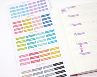 Dagen van de week vlag Bujo Planner Stickers: 1 inch (24 mm) | Meerkleurige DIY-weekagenda, ongedateerde Bullet DAY22