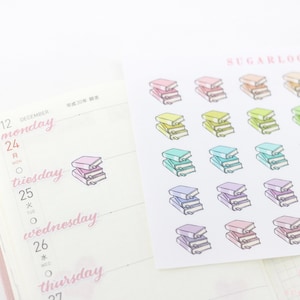 May include: A sheet of colorful stickers featuring stacks of books in various pastel colors. The stickers are labeled "SUGARLOOP".