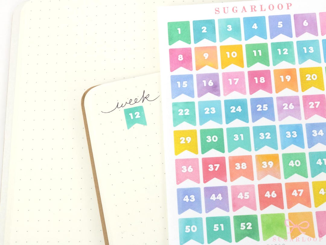 Week Numbers Stickers 1-52 Weeks Watercolor Planner and Journal Stickers - Etsy