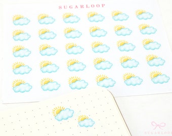 Gedeeltelijk bewolkt aquarel weer Bujo Planner Stickers | Pictogramtrackers Dagelijks Wekelijks Maandelijks Wolk Bewolkt Regen Handgetekend WWC3