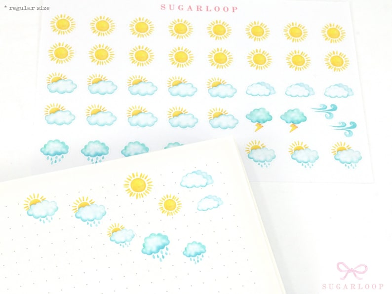Watercolor Weather Kit Bujo Planner Stickers Bullet Journal Set Sunny Rainy Partly Cloudy Storm Season Daily Weekly Monthly Icon WWC1 image 2