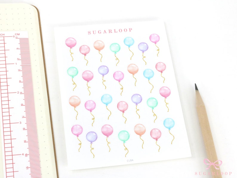 Cute Small Watercolor Balloon Stickers with Faux Glittery Strings Bujo Planner Stickers Birthday Countdown Celebration Event Party CLB4 image 2