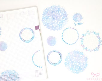 Flake Washi Paper Stickers for Journals Planners & Bujo | Six Designs with Whimsical Watercolor Floral Art Hydrangea WSH1