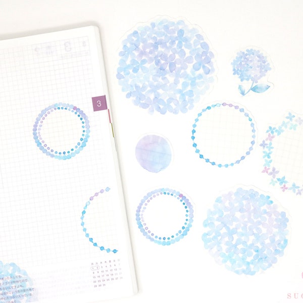Flake Washi Paper Stickers for Journals Planners & Bujo | Six Designs with Whimsical Watercolor Floral Art Hydrangea WSH1