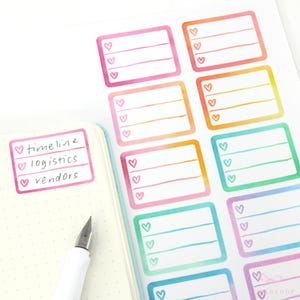 Hjärtformade checklista- och dagboksklistermärken: Regnbåge, färgkod, checklistor, punktlistor, uppgifter, listor