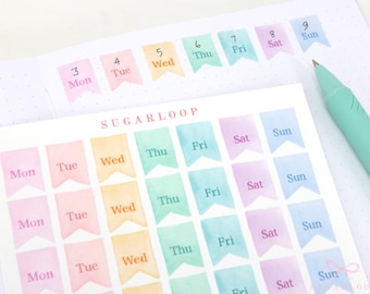 Watercolor Flag Days of The Week Planner and Journal Stickers: Hand lettered