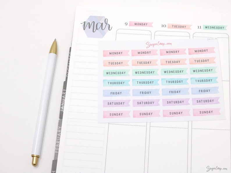 Days of The Week Planner Stickers 28 Pastel Watercolor Week | Etsy