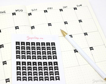 Black White Mini Date Flag Bujo Planner Stickers: 0.25 in (6 mm) | Day Cover 1-31 DIY Countdown Calendar Numbers Undated  Hobo DAT36