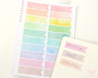 Watercolor Pastel Banner Planner Stickers: Bujo, Journal Flags, 1.3 inch (33 mm) wide