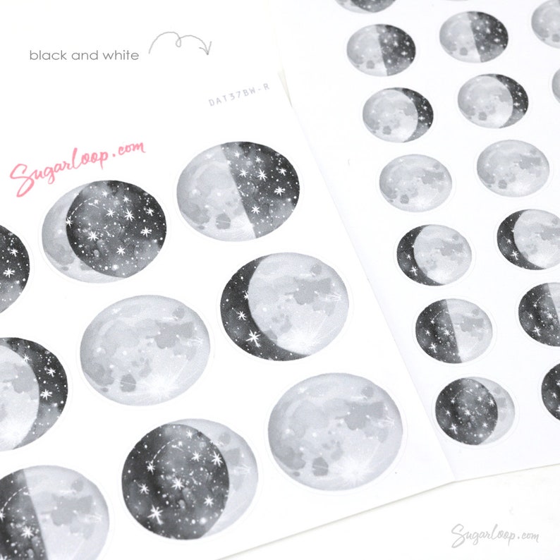 Moon Lunar Cycle Phases Bujo Planner Stickers Whimsical Watercolor Hand Drawn Celestial DAT37 c. Black & White