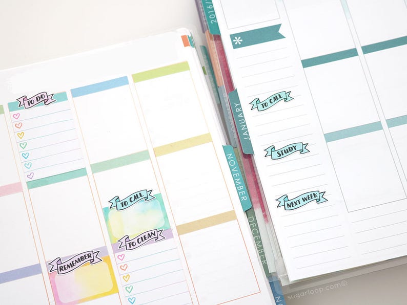 May include: A close-up of a planner with colorful stickers. The stickers have text that says "To Do", "To Call", "Remember", "To Clean", "Study", and "Next Week".