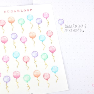 Cute Small Watercolor Balloon Stickers with Faux Glittery Strings Bujo Planner Stickers  | Birthday Countdown Celebration Event Party CLB4