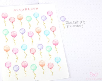 Cute Small Watercolor Balloon Stickers with Faux Glittery Strings Bujo Planner Stickers  | Birthday Countdown Celebration Event Party CLB4