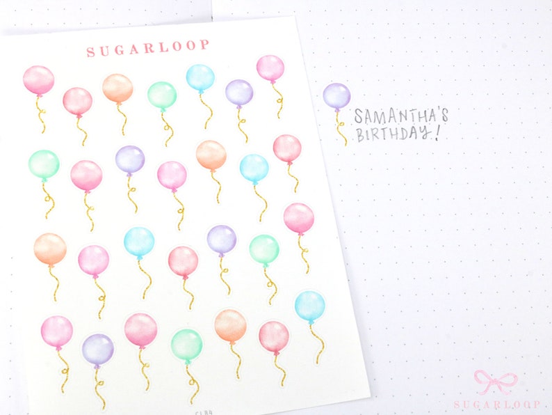 Cute Small Watercolor Balloon Stickers with Faux Glittery Strings Bujo Planner Stickers Birthday Countdown Celebration Event Party CLB4 image 1