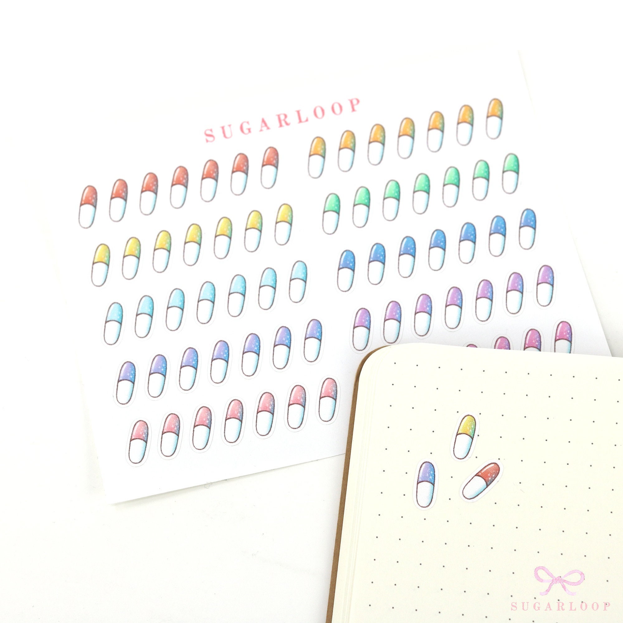 Medicine Pill Capsule Tracker Planner & Bujo Stickers: 3/4 in (5 mm) tall | Kawaii, Hand Drawn, Rainbow, HAF4