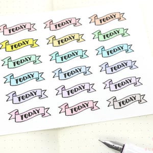 May include: A sheet of stickers with 18 colorful banner designs. Each banner says "TODAY" in black text.