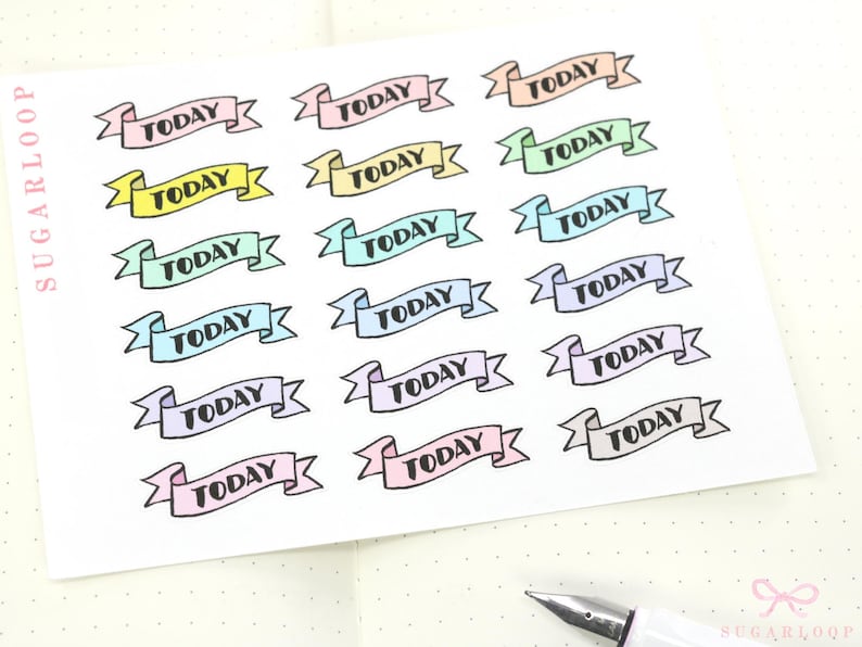 May include: A sheet of stickers with 18 colorful banner designs. Each banner says "TODAY" in black text.