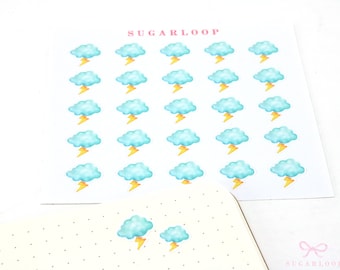 Storm Thunder Lightning Rain Cloud regenachtige aquarel weer Bujo Planner Stickers | Pictogramtrackers Dagelijks Wekelijks Maandelijks WWC8