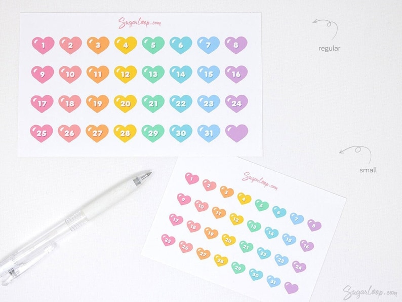 Kawaii Cute Heart Date Bujo Planner Stickers Day Cover Diary 1-31 DIY Countdown Calendar Numbers Undated Hobo TN DAT24 image 1