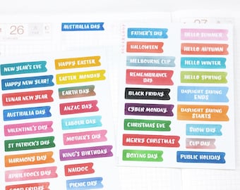 Pegatinas para planificador y diario de vacaciones australiano: Letras con pincel de acuarela, Público, Federal, Día libre