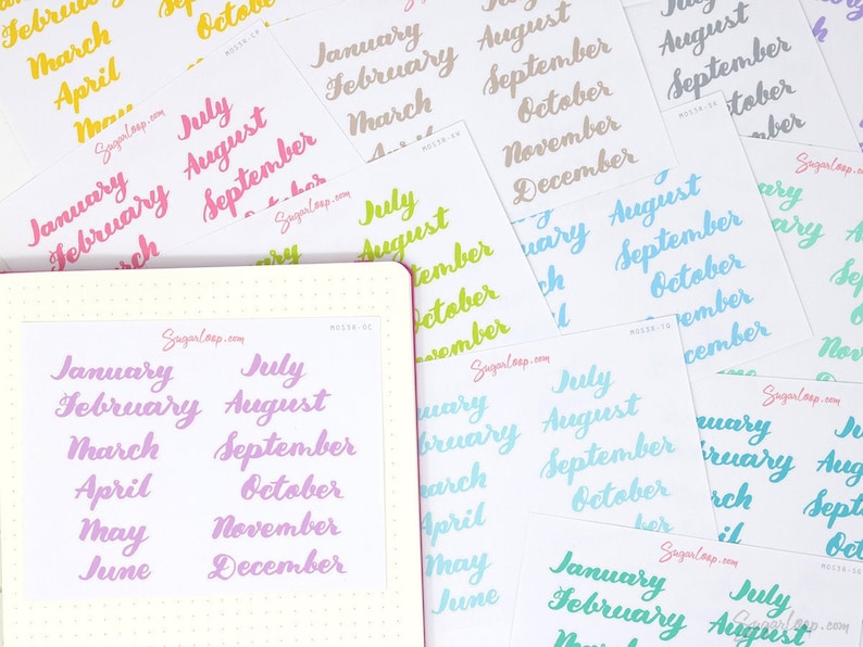 Months of The Year Planner Bujo Planner Stickers: 1.5 38mm 2 50 mm 16 Colors Hand Lettered Script Monthly MOS3 image 1