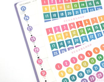 Cute Kawaii Date Number Stickers: Colorful Rainbow | Date Covers, 1-31, Calendar For Bullet Journals, Undated Planners, DIY Calendar, DAT54
