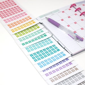 Multicolor Mini Date Flag Bujo Planner Stickers: 0.25" (6 mm) 0.3" (9.5) 0.43" | Countdown Date Cover Stickers Numbers Undated  DAT16