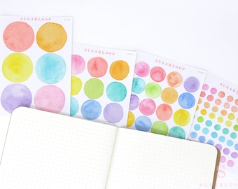 Watercolor Dot Round Circle Bujo Planner Stickers: Many Sizes | Colorful Smudge-Proof Writeable To Do Days Dates Months  GEO4