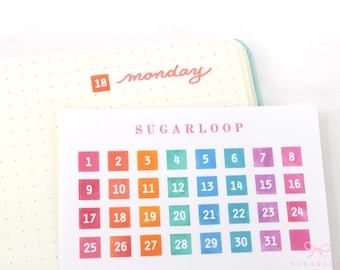 Watercolor Date Planner and Journal Stickers: 0.25" Journaling Diary Calendar Numbers