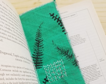 Handmade botanical green linen bookmark - green bookmark - hand printed and embroidered bookmark