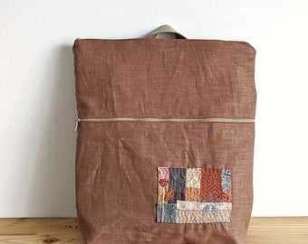 Slow stitch backpack - Hand embroidered, patchwork women's backpack in acorn brown linen - daily medium backpack with bottom gusset