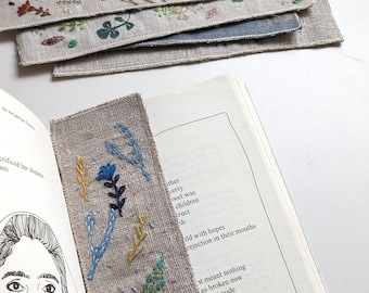 Nature inspired floral textile bookmark - hand printed and embroidered linen bookmark