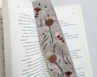 Earthy tones floral textile bookmark - hand printed and embroidered linen bookmark