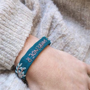 Surrender - Inspirational floral bracelet in teal linen - Hand embroidered bracelet - text floral bracelet