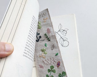 Green leaves textile bookmark - hand printed and embroidered linen bookmark