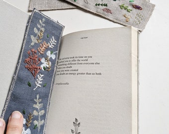 Botanical grey textile bookmark - hand printed and embroidered linen bookmark