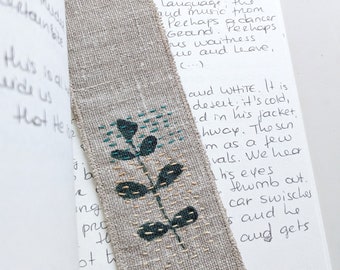 Minimal botanical textile bookmark - hand printed and embroidered linen bookmark