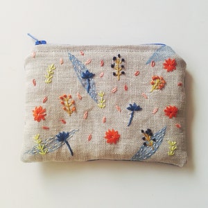 Blue and orange red floral zipper coin purse, hand painted and embroidered linen wallet