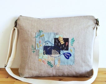 Hand embroidered bird large crossbody bag with linen patchwork - blue and natural linen messenger bag - crossbody laptop bag