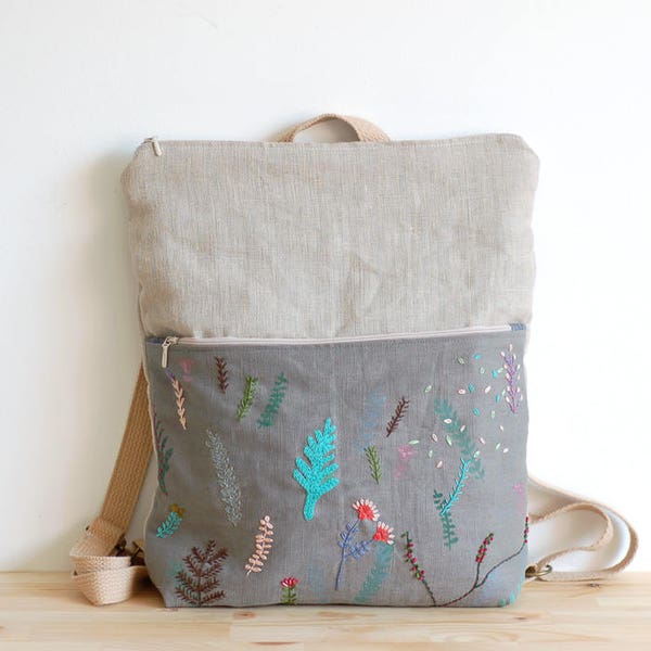 Handembroidered handpainted linen backpack - grey and natural backpack - woman backpack - botanical backpack - OOAK