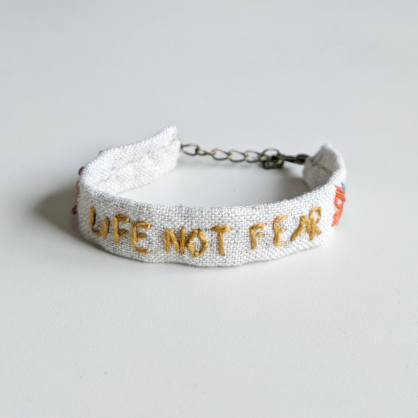 Embroidered Linen Bracelet: Botanical Floral Mantra, Adjustable Bronze Clasp