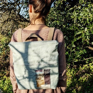 Nature inspired backpack Hand embroidered, patchwork women's backpack in sea foam linen daily medium backpack with bottom gusset image 3