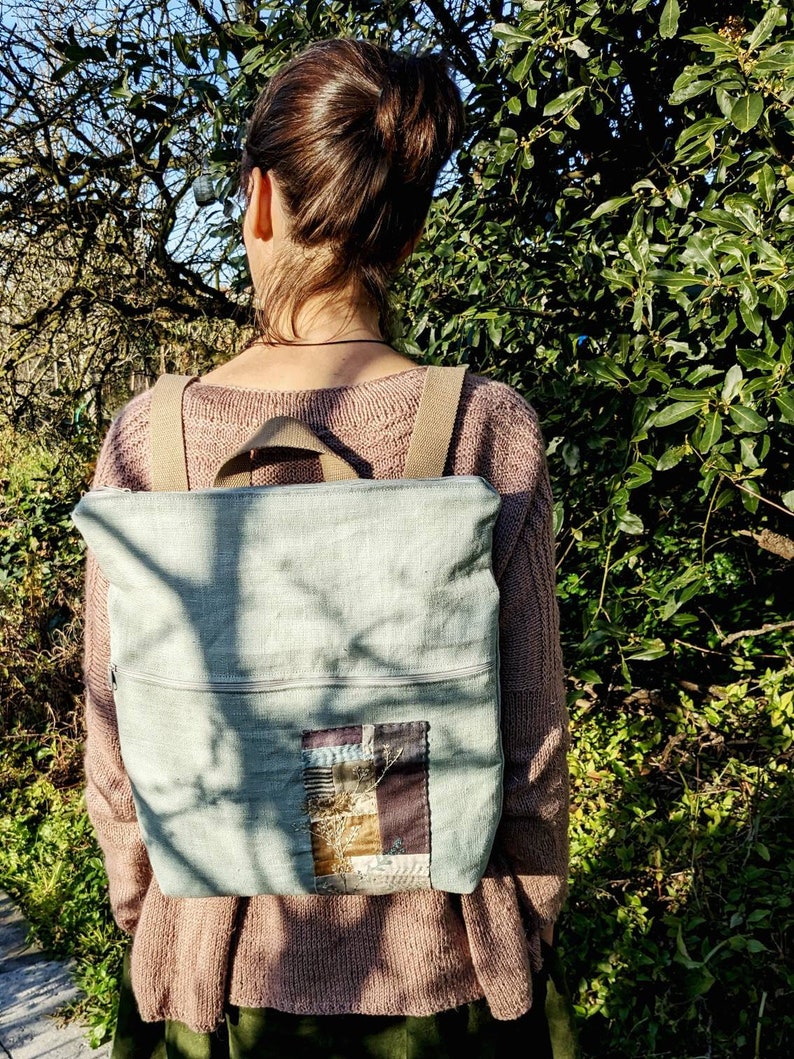 Nature inspired backpack Hand embroidered, patchwork women's backpack in sea foam linen daily medium backpack with bottom gusset image 3