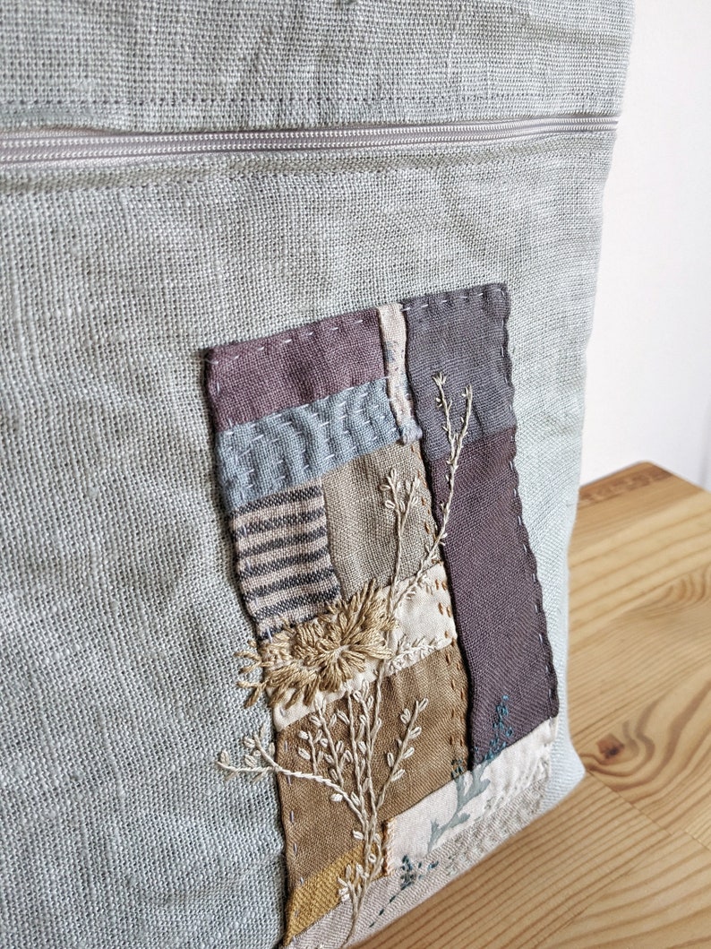 Nature inspired backpack Hand embroidered, patchwork women's backpack in sea foam linen daily medium backpack with bottom gusset image 6